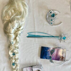 New Elsa (Frozen) Costume Accessories Set - Wig, Light-Up Wand & Crown, Perfect